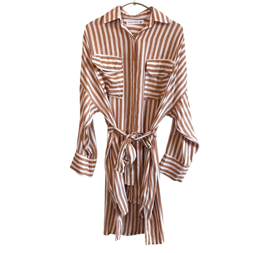 Faithfull The Brand Shirt Dress M Tan White Striped Relaxed Tie Waist Casual